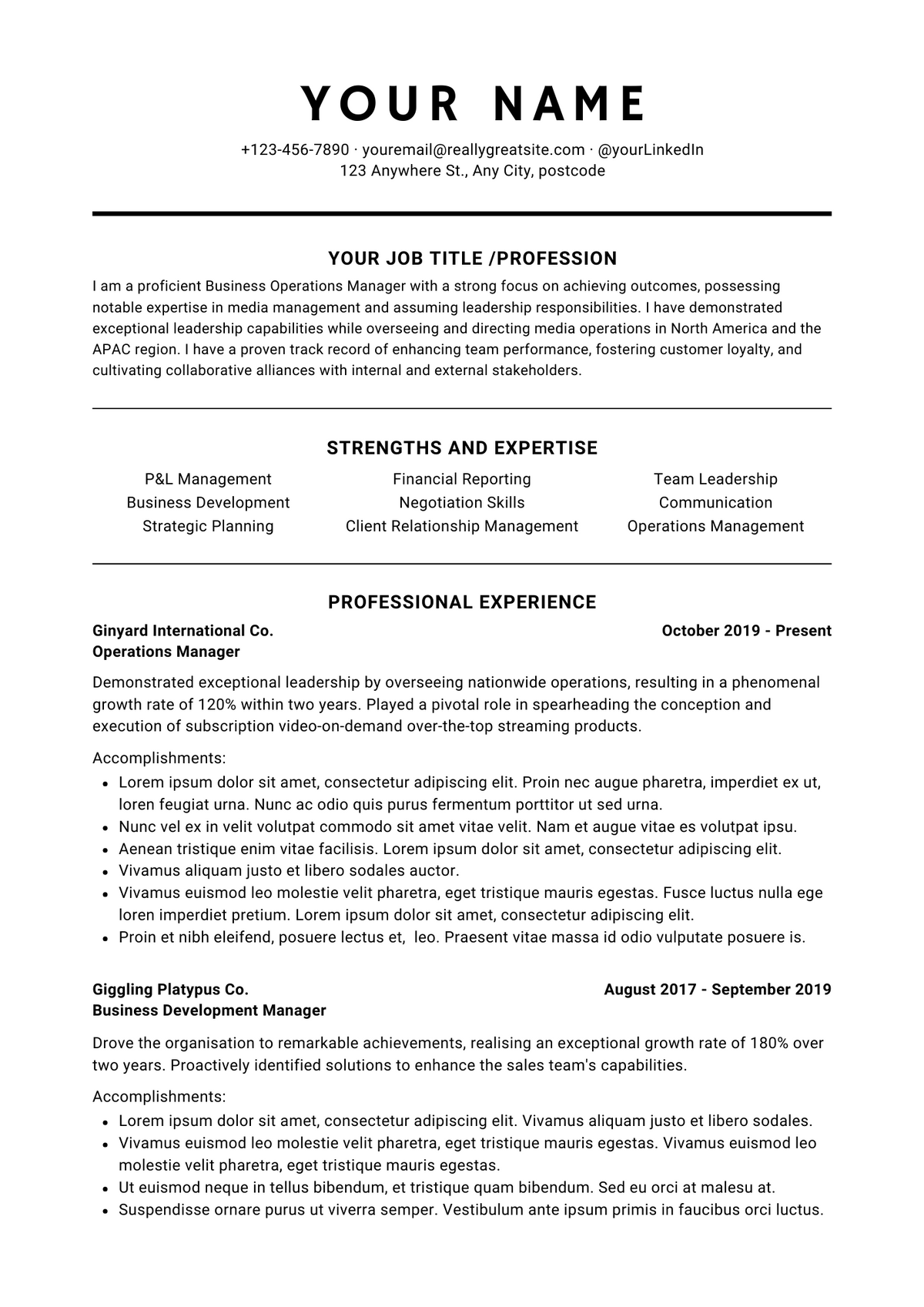 Black &amp; White corporate resume / cv - instant download